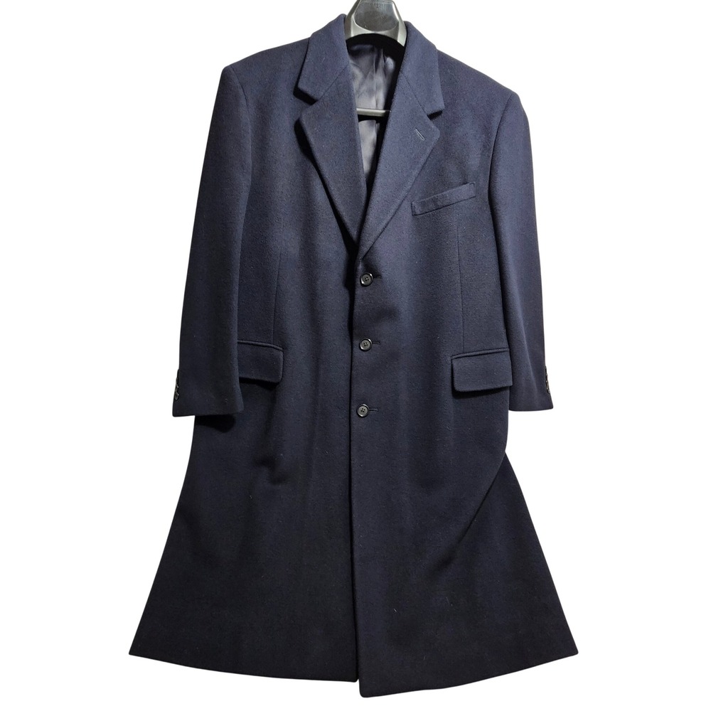 Saks Fifth Ave. Vintage Overcoat Mens 44S Navy Wool Velour 3-Button Made in USA